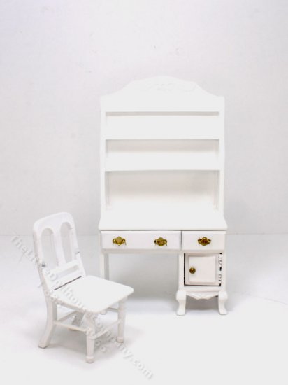(image for) Miniature White Desk with Shelves and Chair Set for Dollhouses