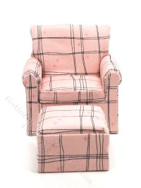 (image for) Miniature Sketch Plaid Armchair and Ottoman for Dollhouses