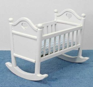 (image for) Miniature White Rocking Crib with BLue Linen for Dollhouses