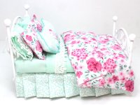 (image for) Miniature White Metal Bed with Pink and Green Floral Dressing