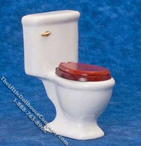 (image for) Miniature White Toilet w/Wooden Seat for Dollhouses
