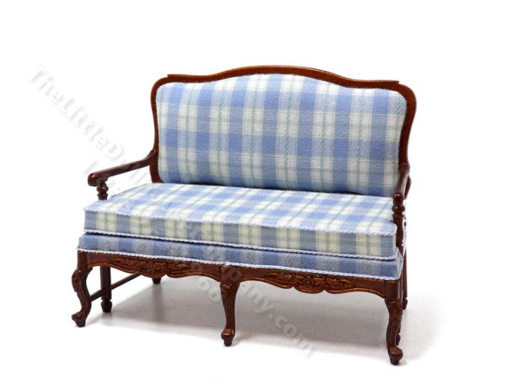 (image for) Bespaq Design Miniature Blue Check Walnut Sofa for Dollhouses