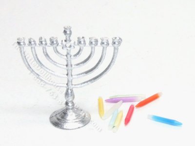 (image for) Miniature Small Silver Hanukkah Hanukkiah with Candles