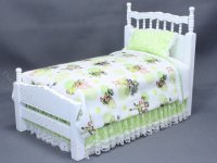 (image for) Miniature White Bed Dressed in Green Fairy Bedding