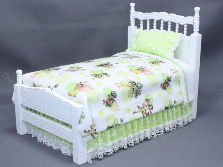 (image for) Miniature White Bed Dressed in Green Fairy Bedding