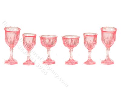 (image for) Miniature 6 Piece Pink Cut Stemware Set for Dollhouses