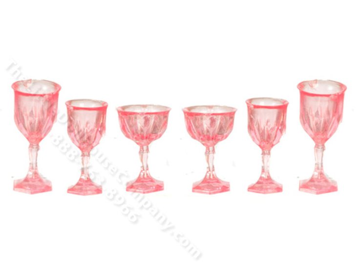 (image for) Miniature 6 Piece Pink Cut Stemware Set for Dollhouses