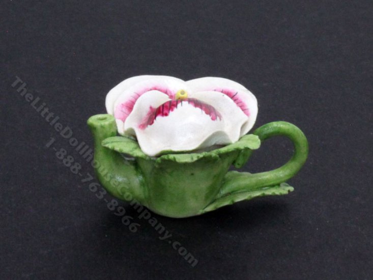 (image for) Dollhouse Miniature White and Pink Pansy Teapot