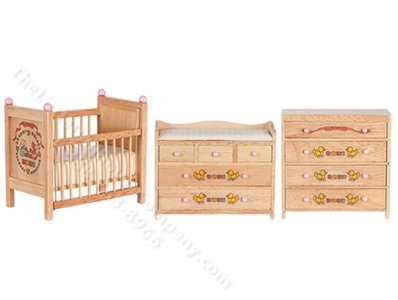 (image for) Miniature 3 Piece Oak Nursery Set For Dollhouses
