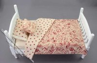 (image for) Miniature White Bed with Red/Cream Fabric for Dollhouses