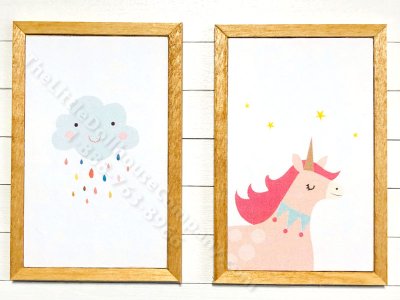 (image for) Miniature Pair Rectangular Framed Pink Unicorn & Cloud on Wood