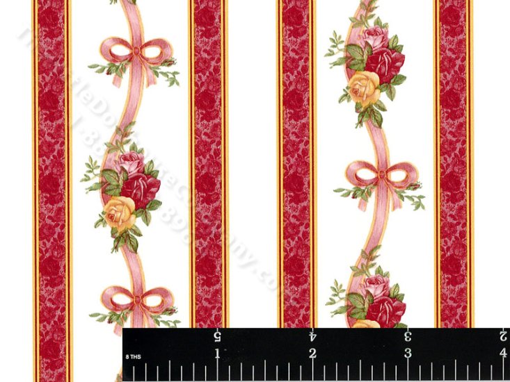 (image for) Red Stripes and Rose Ribbons Miniature Wallpaper for Dollhouses