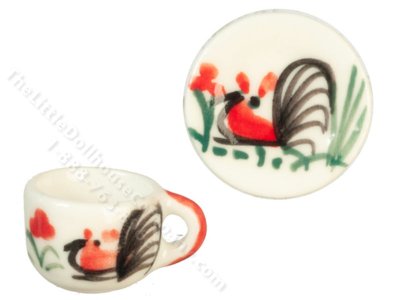 (image for) Miniature Ceramic Glazed Rooster Tea Cup and Saucer