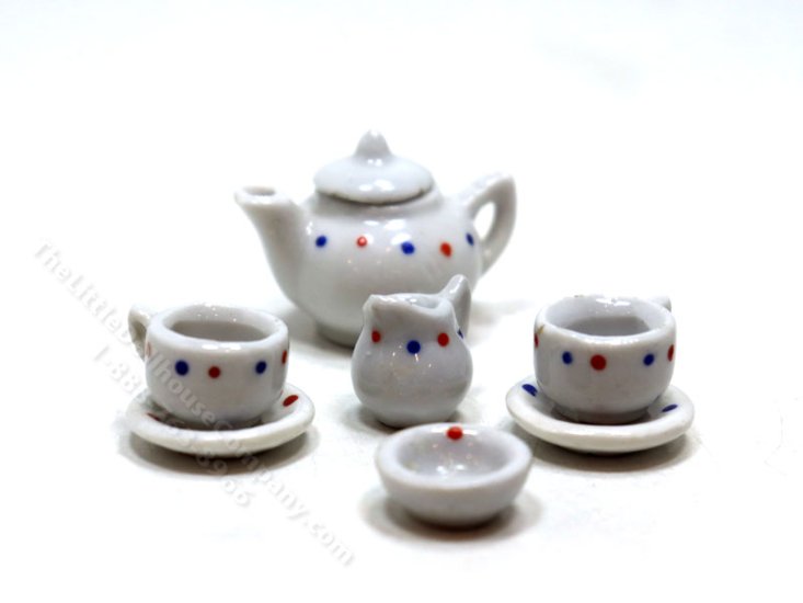 (image for) Miniature Dollhouse Playscale Tea Set with Red and Blue Dots