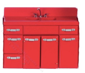 (image for) Miniature Red 1950s Double Kitchen Sink for Dollhouses