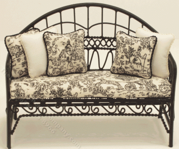 (image for) Wrought Iron Patio Bench with Black and Cream Toile Covering