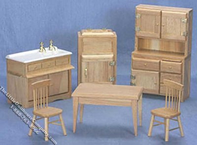 (image for) Miniature 6 Piece Oak Kitchen Set for Dollhouses