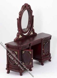 (image for) Walnut Mirrored Vanity with Wicker Accents for Dollhouses