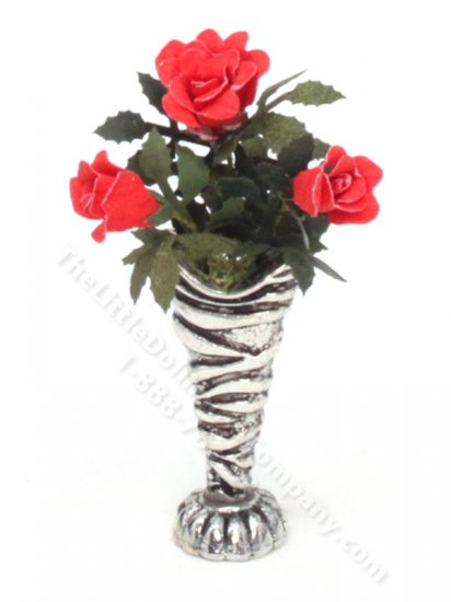(image for) Miniature Bright Red Roses in a Silver Vase