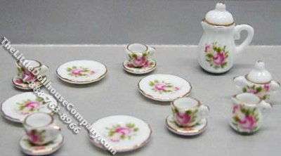 (image for) Miniature 17 Piece Pink Floral Dinner Set for Dollhouses
