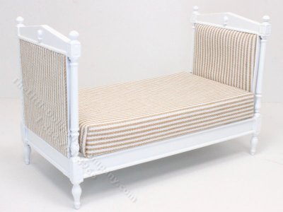 (image for) Miniature White Double Bed with Beige Striped Linen