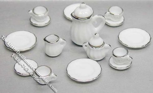 (image for) Miniature 17 Piece White/Silver Trim China Set for Dollhouses