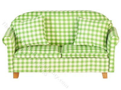 (image for) Miniature Green/White Checked Sofa w/2 Pillows for Dollhouses