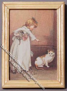 (image for) Miniature Painting of Girl with Cat in Oak Frame for Dollhouses