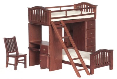 (image for) Miniature Walnut Bunk Bed Set With Desk and Chair For Dollhouses
