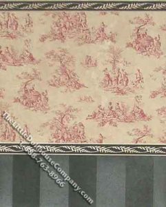(image for) Miniature 3 pc. Pink Toile Wallpaper with Grey Striped Trim Set