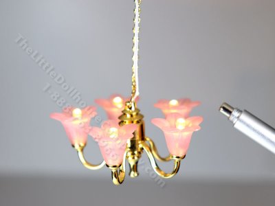 Miniature LED Pink Tulip 5-Arm Chandelier with Wand for Dollhouse (image for) Miniature LED Pink Tulip 5-Arm Chandelier with Wand for Dollhouse