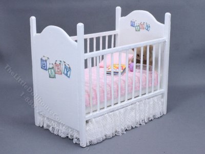 (image for) Miniature White Crib Dressed in Pink Baby Fabric