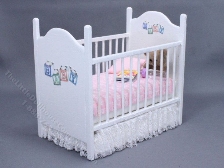 (image for) Miniature White Crib Dressed in Pink Baby Fabric