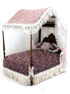 (image for) Vintage Miniature Dressed Walnut Canopy Bed for Dollhouses