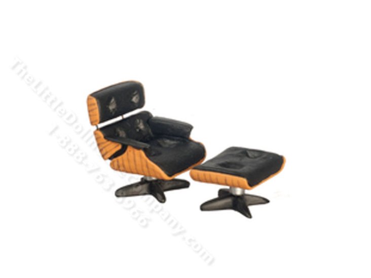 (image for) 1/2" Miniature Black Lounge Chair and Ottoman for Dollhouses
