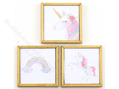 (image for) Miniature Square Framed Unicorn Triptych for Dollhouses