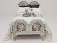 (image for) Miniature Silver Bed with Brown, White, and Beige Bedding