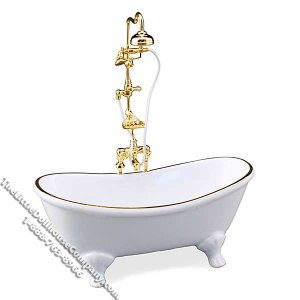 (image for) Miniature Classic White Bathtub with Brass Shower for Dollhouses