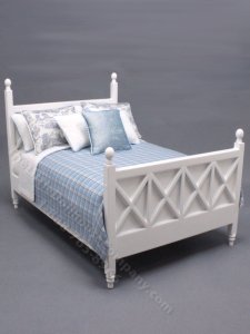 (image for) Miniature Blue Silk Plaid Double Bed for Dollhouses