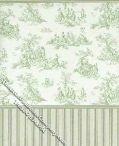 (image for) Miniature 3 pc. Green Toile Wallpaper w/ Green Striped Trim Set