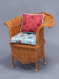 (image for) Miniature Blue Floral and Brown Wicker Chair for Dollhouses