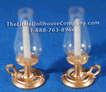 (image for) Dollhouse Miniature Pair of Brass Hurricane Lamps