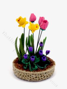 (image for) Miniature Basket of Spring Flowers for Dollhouses
