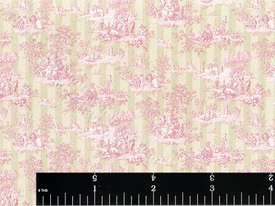 (image for) Pink and Green Striped Toile Miniature Wallpaper for Dollhouses