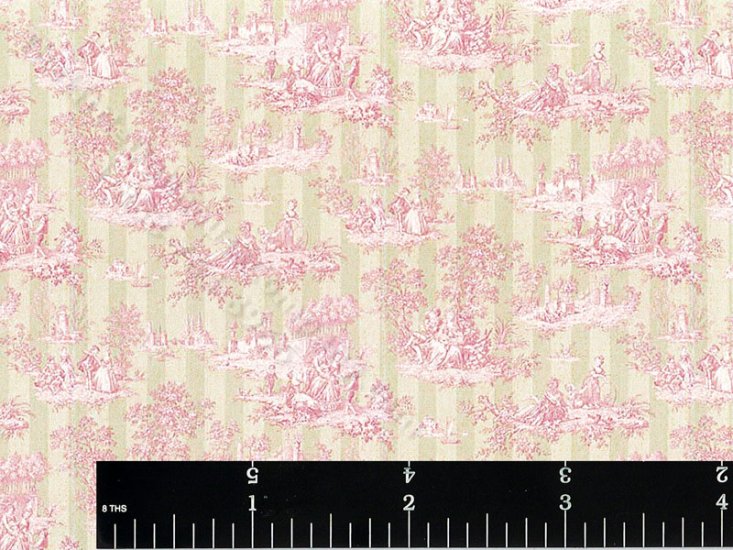 (image for) Pink and Green Striped Toile Miniature Wallpaper for Dollhouses