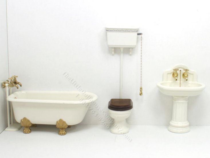 (image for) Miniature Cast Iron and Enamel White and Gold Bathroom Set