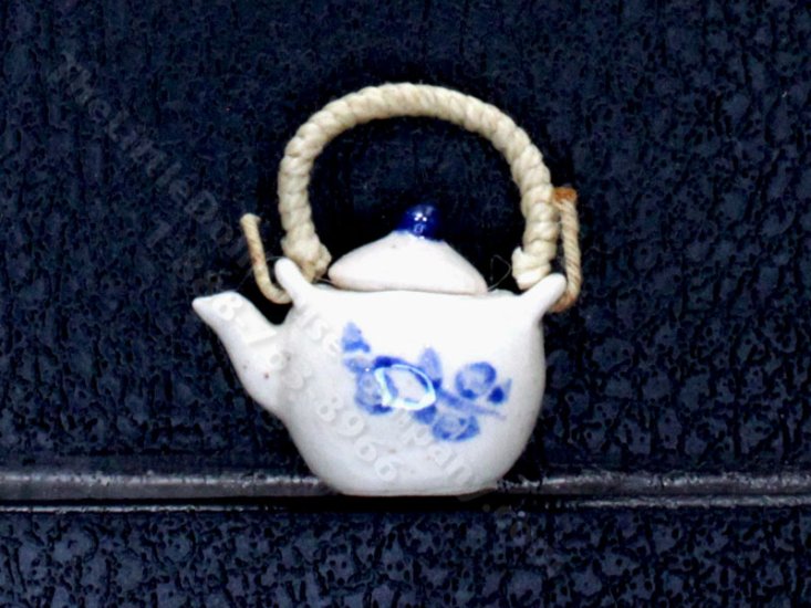 (image for) Miniature Handmade Wicker Handle White Teapot w/ Blue Flowers
