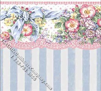 (image for) Dollhouse Scale Model Wallpaper Flowers & Bows - Blue Stripe