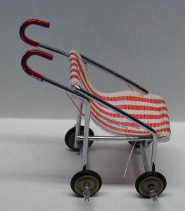 (image for) Miniature Red/White Striped Stroller For Dollhouses