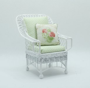 (image for) Miniature Metal White Chair w/Green Cushions for Dollhouses